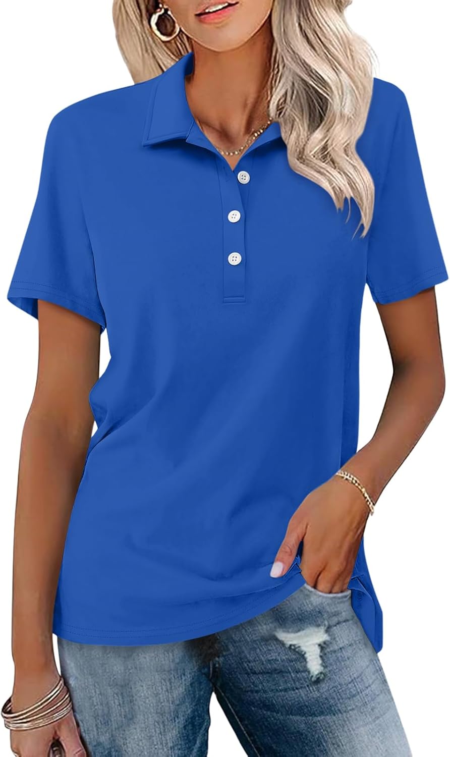 Womens Polo Shirts Short Sleeve Button Lapel Collared Summer Tops Business Casual Basic Tees