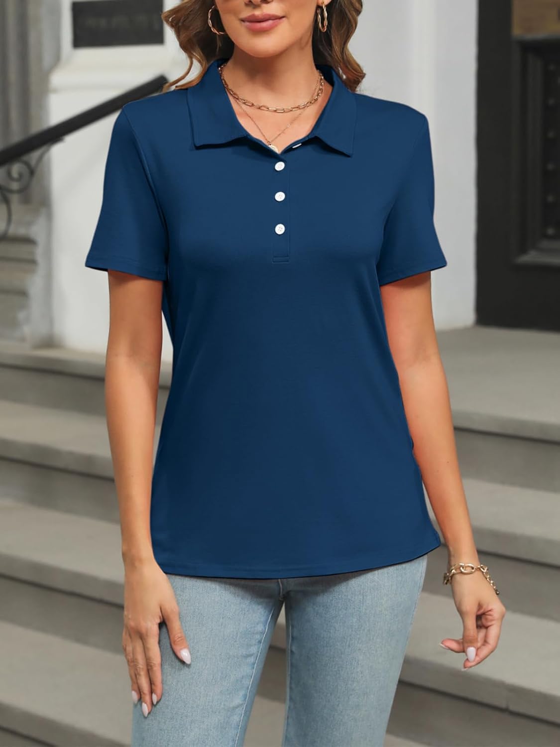 Womens Polo Shirts Short Sleeve Button Lapel Collared Summer Tops Business Casual Basic Tees - Image 2