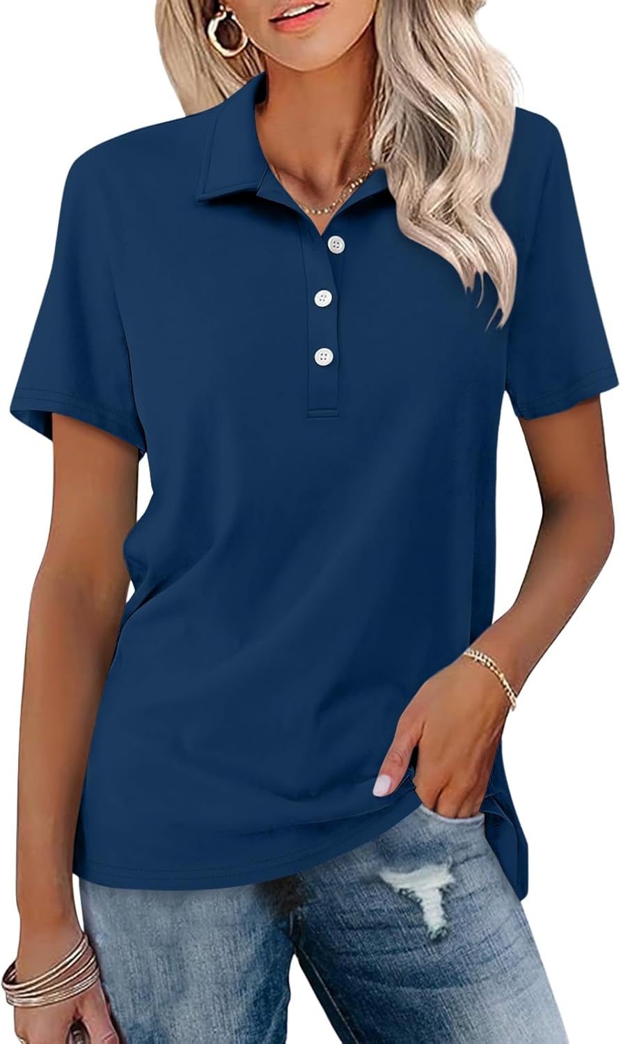 Womens Polo Shirts Short Sleeve Button Lapel Collared Summer Tops Business Casual Basic Tees
