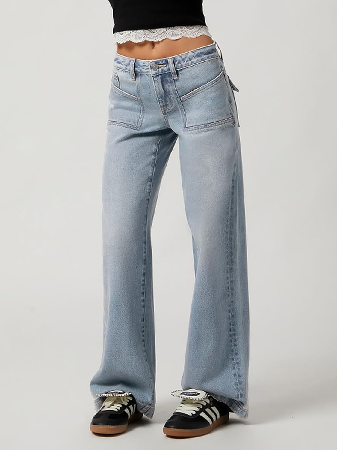 Women Baggy Jeans Patchwork Mid-Low Waist Wide Leg Jeans Boyfriends Pants 90s Loose Denim Pants - Image 2