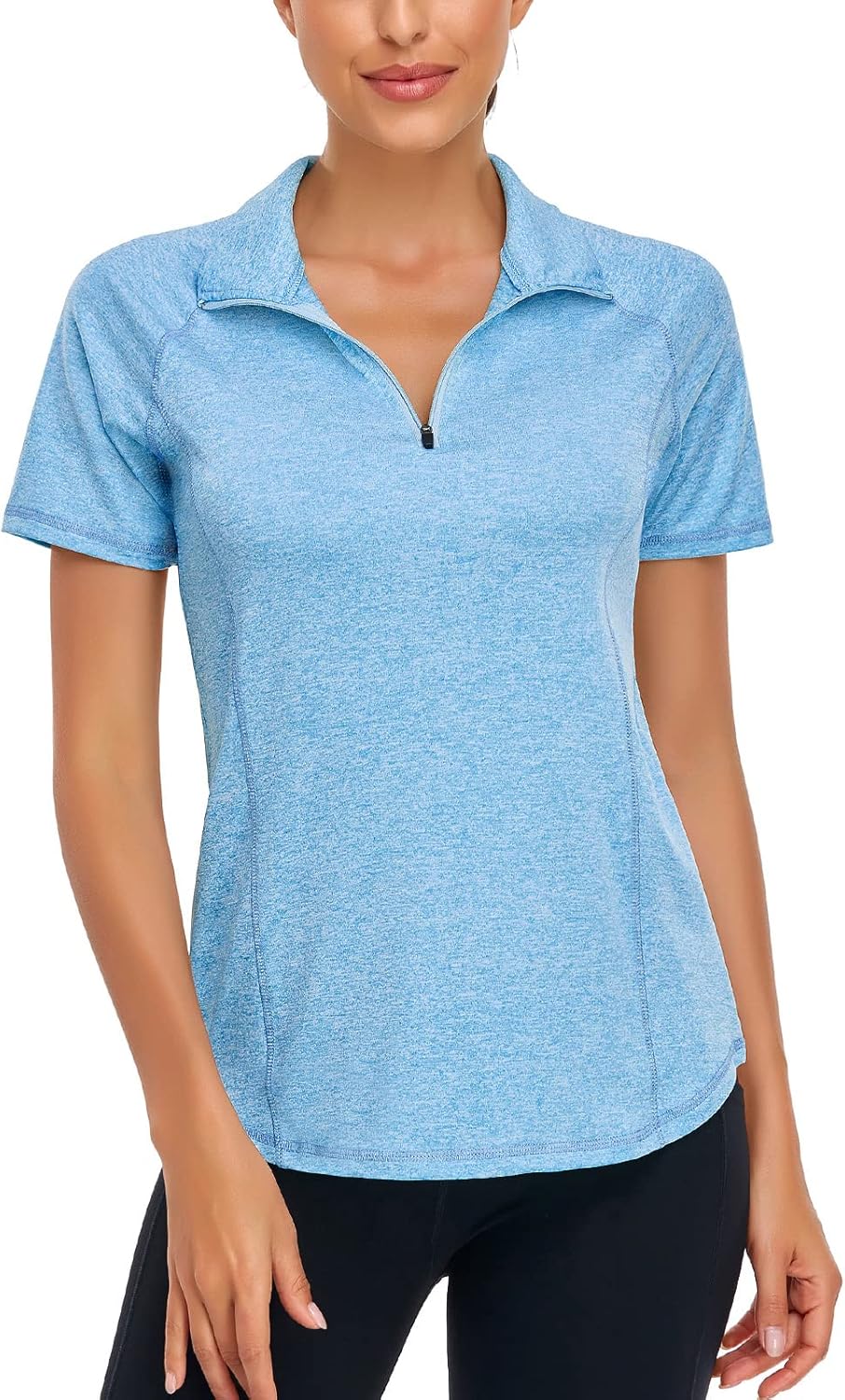 Women's Short Sleeve Moisture Wicking Athletic Shirts Quarter Zip Pullover - Image 2