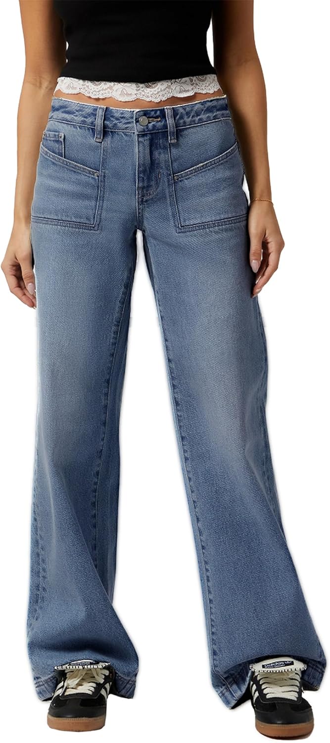 Women Baggy Jeans Patchwork Mid-Low Waist Wide Leg Jeans Boyfriends Pants 90s Loose Denim Pants