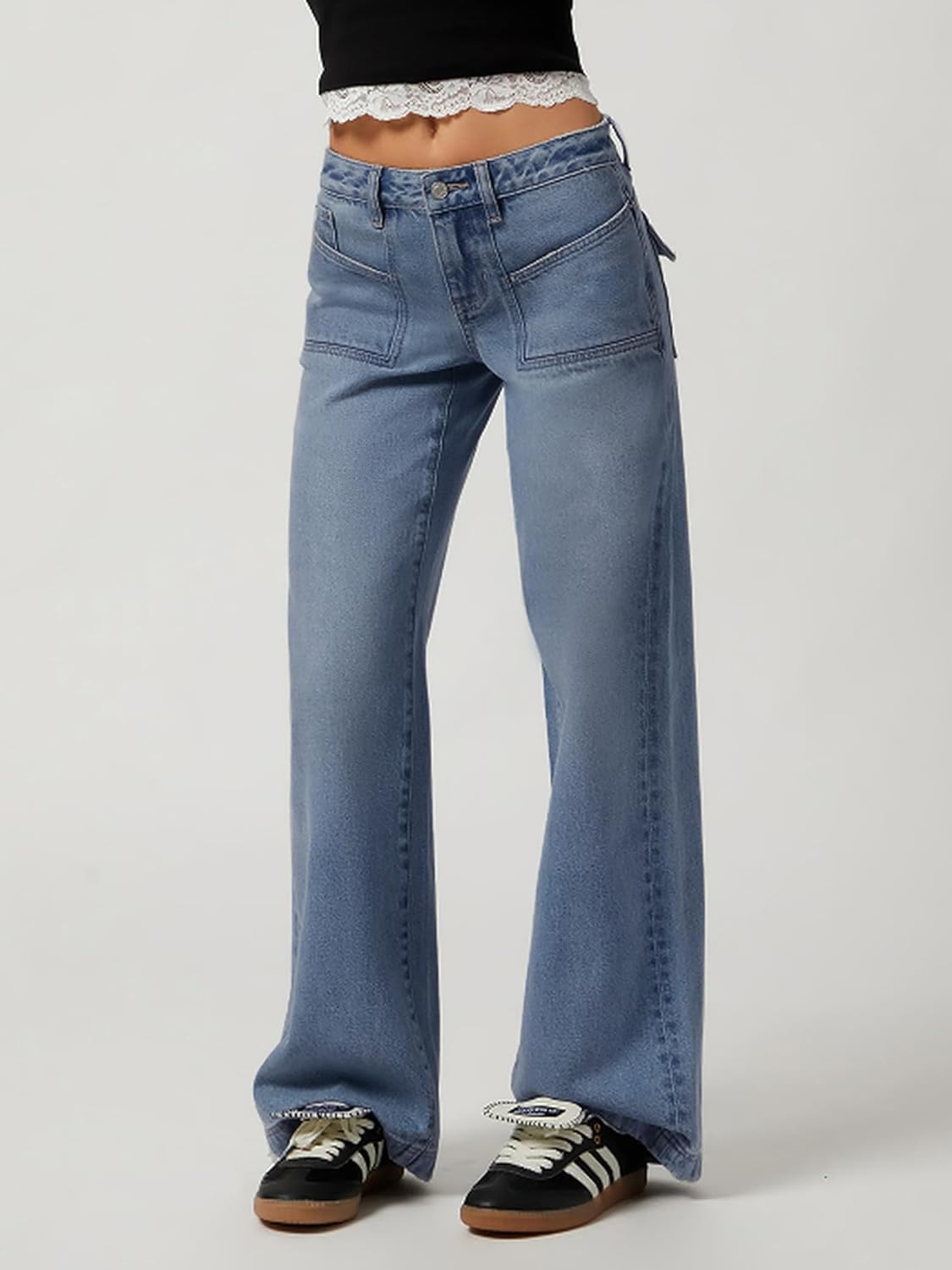 Women Baggy Jeans Patchwork Mid-Low Waist Wide Leg Jeans Boyfriends Pants 90s Loose Denim Pants - Image 2